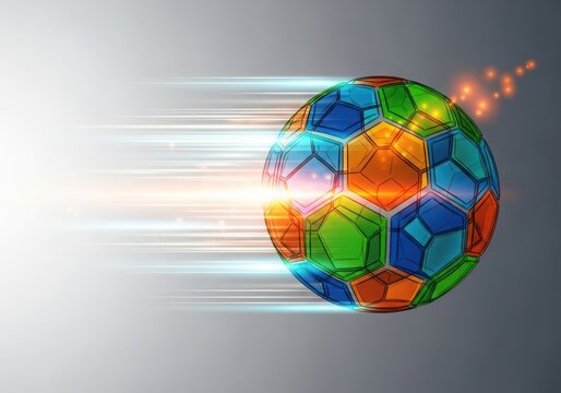 Abstract geometric soccer ball with colorful panels and motion blur
