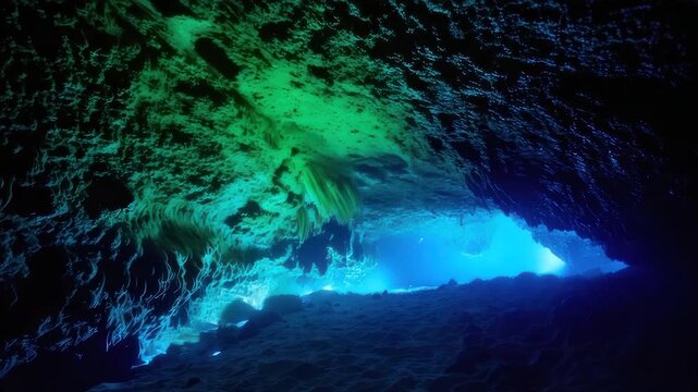 Underwater cavern with green and blue light highlighting rock formations and opening