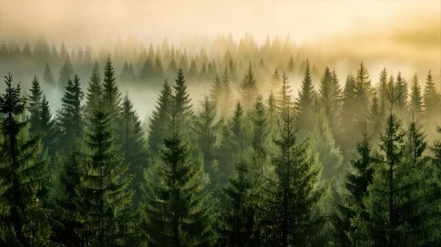A serene image of a forest filled with evergreen trees shrouded in a soft, ethereal mist