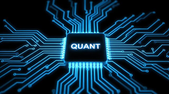 Quant network technology chip with glowing blue circuit lines on the dark background