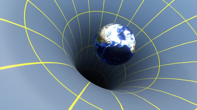 Force of gravity, the mass of the earth warps three-dimensional space. Physics, force of attraction, wire frame, relativity between space and time. Earth map from NASA gov.