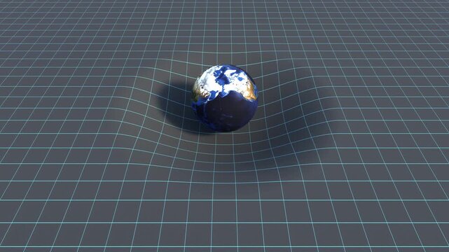 Force of gravity, the mass of the earth warps three-dimensional space. Physics, force of attraction, wire frame, relativity between space and time. Earth map from NASA gov.