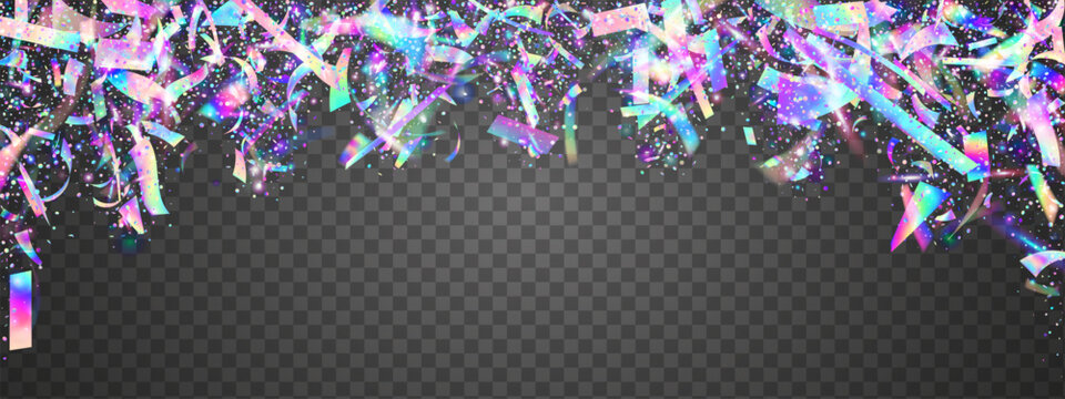 Hologram Confetti For Carnival. Birthday Bg With Light, Crystal, And Ribbon Effects. Glow Filter Creates Iridescent Sparkle On 3d Diamond Texture. Blue And Purple Hologram Confetti