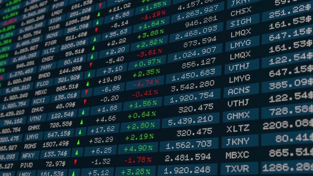 Stock market data, spreadsheet with prices, percentage changes and arrows up or down. Business, investment strategy, analyzing data, financial markets, risk, wealth.