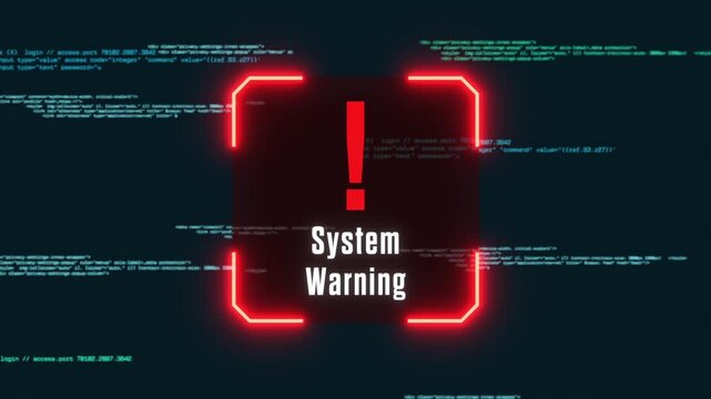 System warning, running source code and computer language, data, computer hacked, cyber crime. Warning sign on the screen, network security, privacy, safety, broken firewall, unauthorized access.