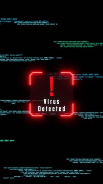 Virus detected warning sign, running source code and computer language, data, computer hacked, cyber crime. Virus warning on the screen, network security, privacy, safety, unauthorized access.