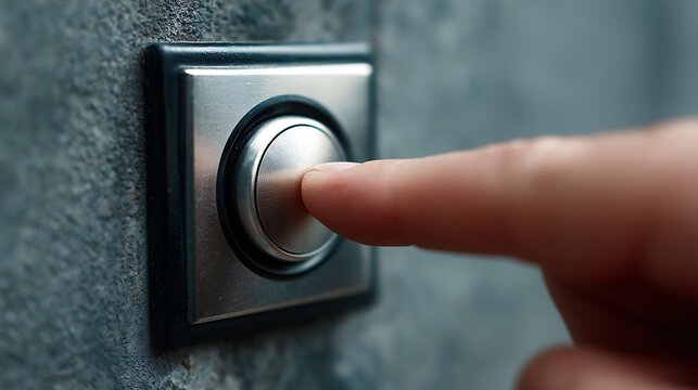 Close up of modern doorbell button with finger sized perspective and no hand visible, detailed smart home device concept with clean minimalist composition.