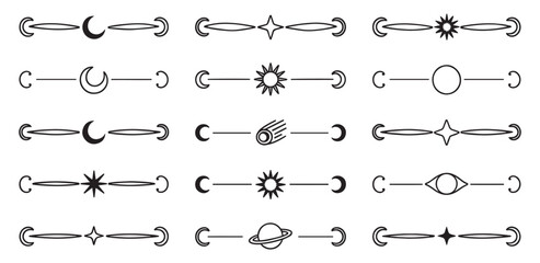 Celestial cosmos divider set with moon crescent, sun rays, planet rings, comet and star line separators for mystical boho text decoration design © Ibrahim