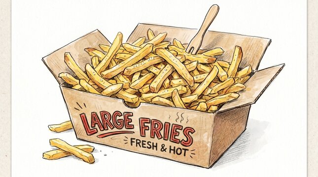 Hand drawn illustration of a large box overflowing with golden french fries seasoned with salt and a wooden fork stuck in the pile