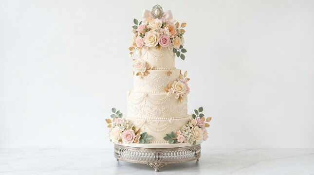 Elegant four tier wedding cake adorned with delicate lace piping and romantic sugar flowers in pastel shades on a silver stand