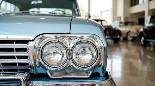 Chrome surround of twin round headlight on pale ice blue 1960s vintage American sedan with smooth painted hood in softly daylit showroom
