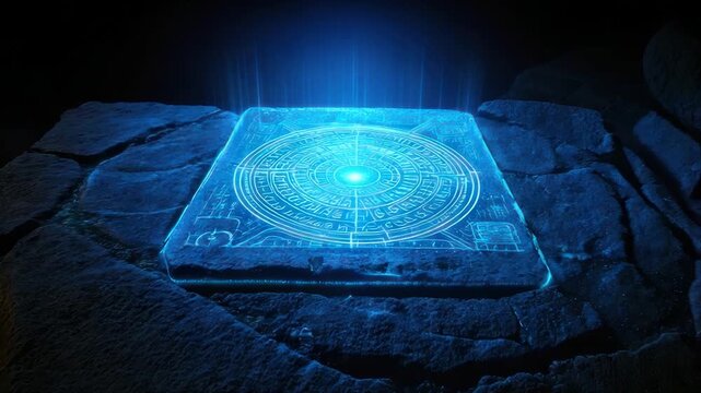 A glowing blue stone tablet, etched with symbols, emits light atop a rough, rocky surface