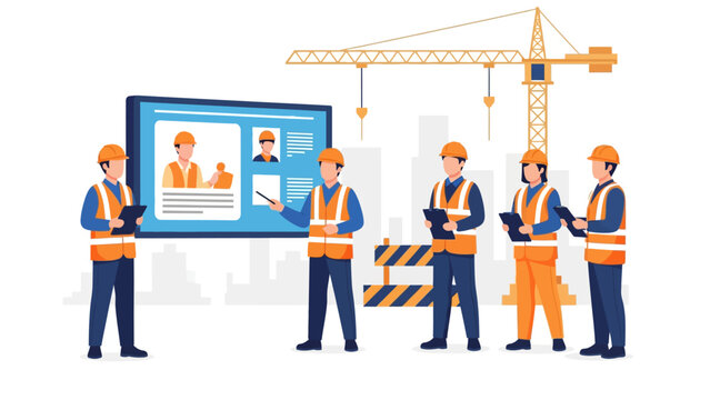 Construction Team Briefing and Digital Recruitment Presentation on Building Site Illustration