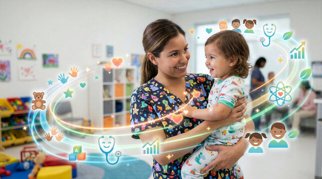 Smiling caregiver holds a giggling child amid glowing health symbols, toy blocks, teddy bears, and cartoon stethoscopes in soft blending clinical care with playfulness, ideal for pediatric b