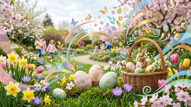 cottontail in wicker basket with pastel eggs, crocuses bunnies frolic under cherry blossoms as families stroll garden path amid swirling ribbons.