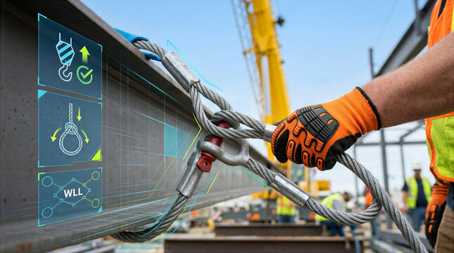 Worker secures rigging on steel girder with safety gloves and holographic WLL indicators crews call this &ldquo;steel muscle&rdquo; or &ldquo;iron skeleton.&rdquo; Digital overlay confirms safe load limits.