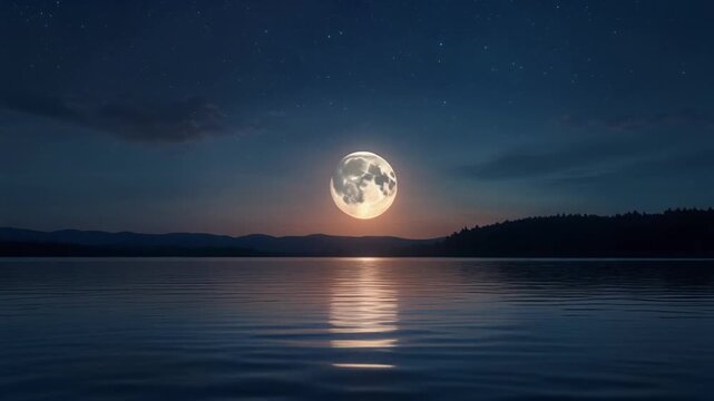 Full Moon Reflecting on Calm Water at Night.