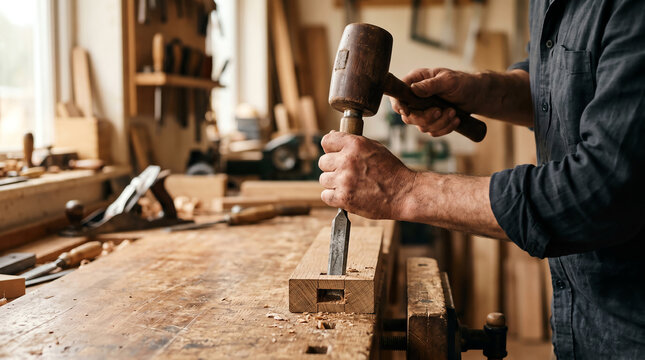 Hands of craftsman using wooden mallet to drive steel chisel into mortise joint on warm wooden workshop bench