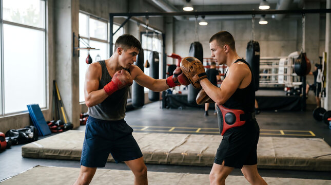 Two young male boxers in shorts and gloves sparring with mitts and pads in softly daylit modern boxing gym