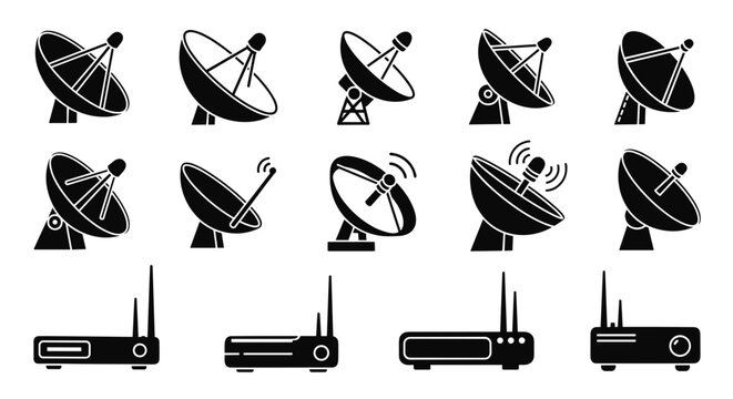 Collection of satellite dish and router icons representing communication and technology