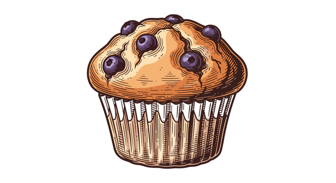 Delicious blueberry muffin illustration with a hand drawn sketch style isolated on white background