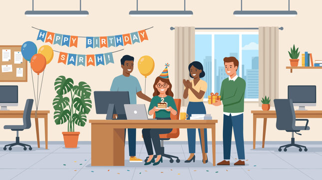 Office Birthday Celebration with Cake and Gifts for Colleague Sarah