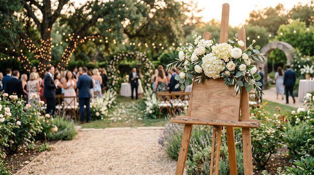 Wooden easel holding small engagement party sign topped with cluster of white hydrangeas and ranunculus in softly daylit outdoor garden