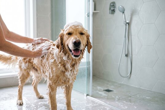 Happy Golden Retriever dog getting a bath in a modern shower with soap suds