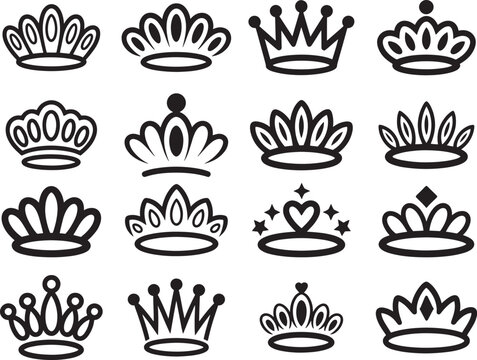 Crown and royal silhouette icon set with queen tiara, king crown, princess diadem and luxury jewel designs for beauty pageant and royalty concept
