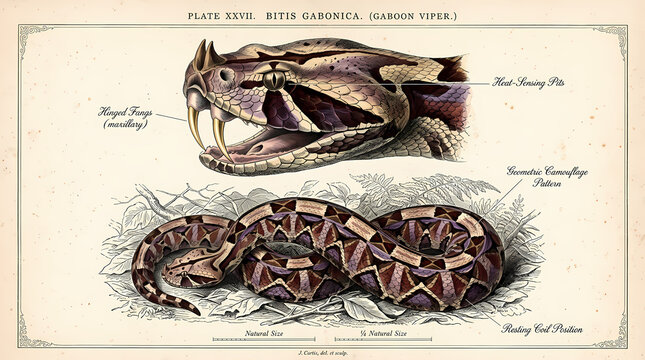 Detailed scientific illustration of a Gaboon Viper snake, showcasing its distinctive features and intricate patterns