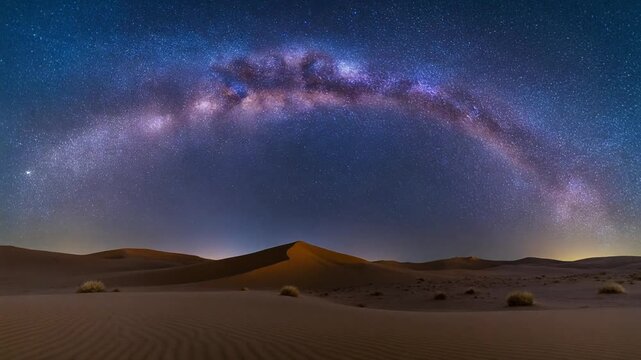 Milky Way Arching Over Desert Dunes Under Starry Night Sky.