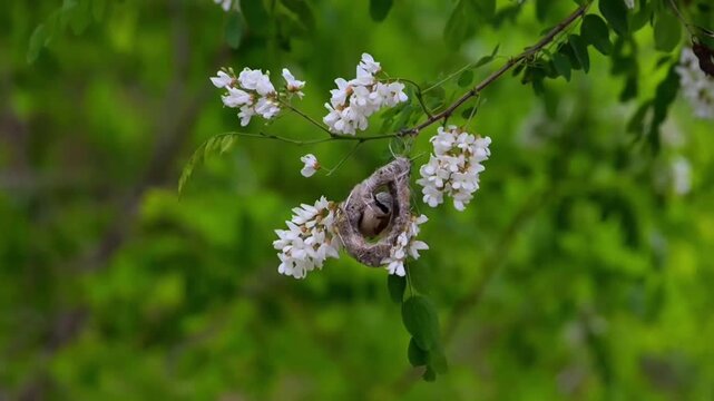 Eurasian penduline tit building a nest on a flowering black locust branch