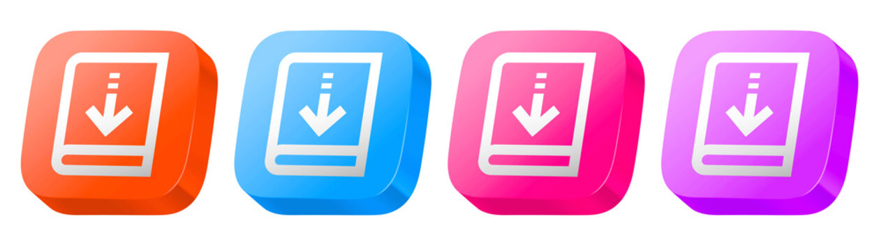 3D glossy icon set of borrow book in blue, pink, purple, and orange, providing colorful elements for electronic funds management.