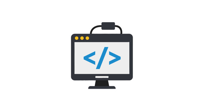 Computer monitor with coding symbol on screen.