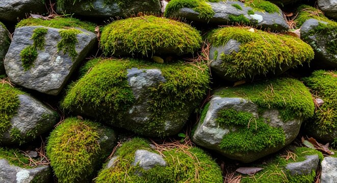 Close up of vibrant green moss growing on a stone wall.
