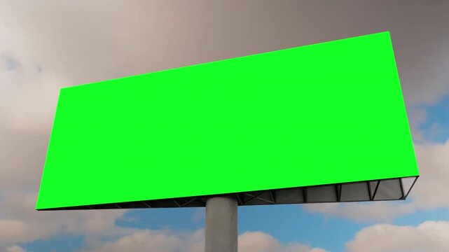 Timelapse: blank green billboard or large display and moving white clouds in the blue sky. Time lapse, consumerism, chroma key, copy space, mock up, template, green screen and advertising concept