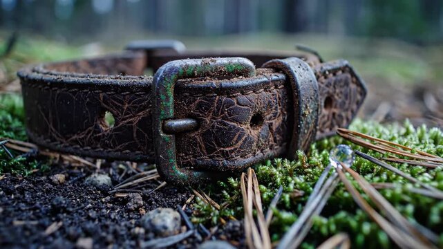 Close up of a weathered leather dog collar in nature