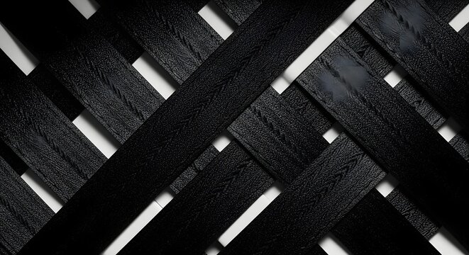 Abstract pattern of interwoven black straps, creating a textured background with diagonal lines and negative space, modern design element