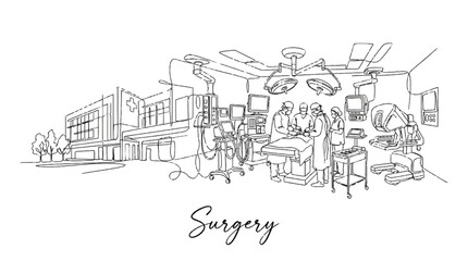 Naklejka premium Advanced surgical operating room with medical equipment and healthcare professionals in a hospital setting