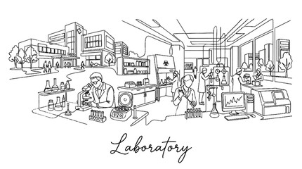 Fototapeta premium Futuristic Laboratory Scene with Researchers and Advanced Scientific Equipment in a modern high-tech environment