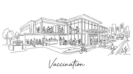 Obraz premium modern vaccination clinic with multiple service areas, outdoor seating, and a welcoming atmosphere for public health outreach