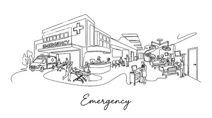 Obraz premium Comprehensive sketch of an emergency hospital environment showcasing medical staff and patients in a healthcare facility