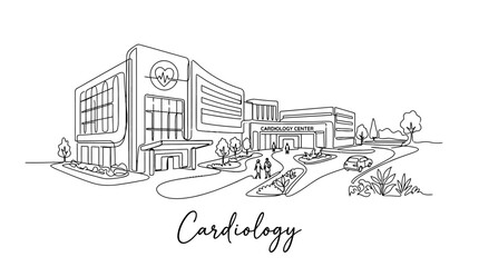 Naklejka premium Minimalist Line Drawing of a Modern Cardiovascular Medical Center with Landscaping and Patient Pathways for Healthcare