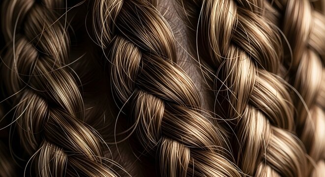 Close-up artistic shot of intricate brown braided hair texture showcasing detailed strands and highlights