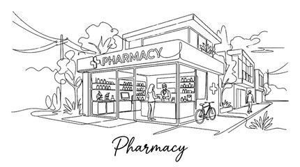 Obraz premium Minimalist line drawing of a modern pharmacy storefront with outdoor bicycle and customer interactions in an urban setting