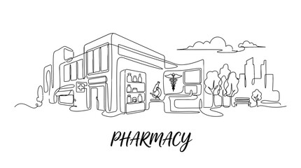 Obraz premium Minimalistic Line Art of a Modern Pharmacy Building with Outdoor Scene and Urban Elements in a Continuous Sketch Style