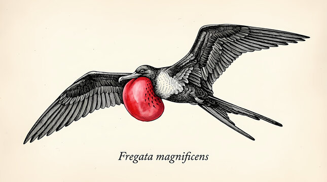 Vintage scientific illustration of a magnificent frigatebird in mid-flight, showcasing its striking red inflated gular pouch, a key feature of its mating display