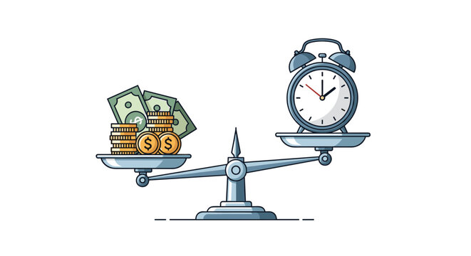 Time is money concept balance scale with clock and coins on white background