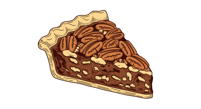 Slice of Pecan Pie with Whole Pecans on Top Hand Drawn Illustration