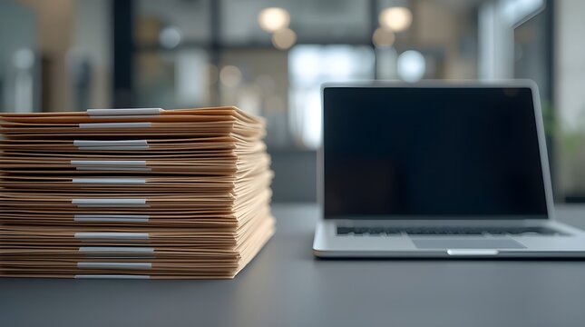 Straightforward documentary photograph of a neat stack of manila office folders next to an open laptop on a desk with a blurred office background